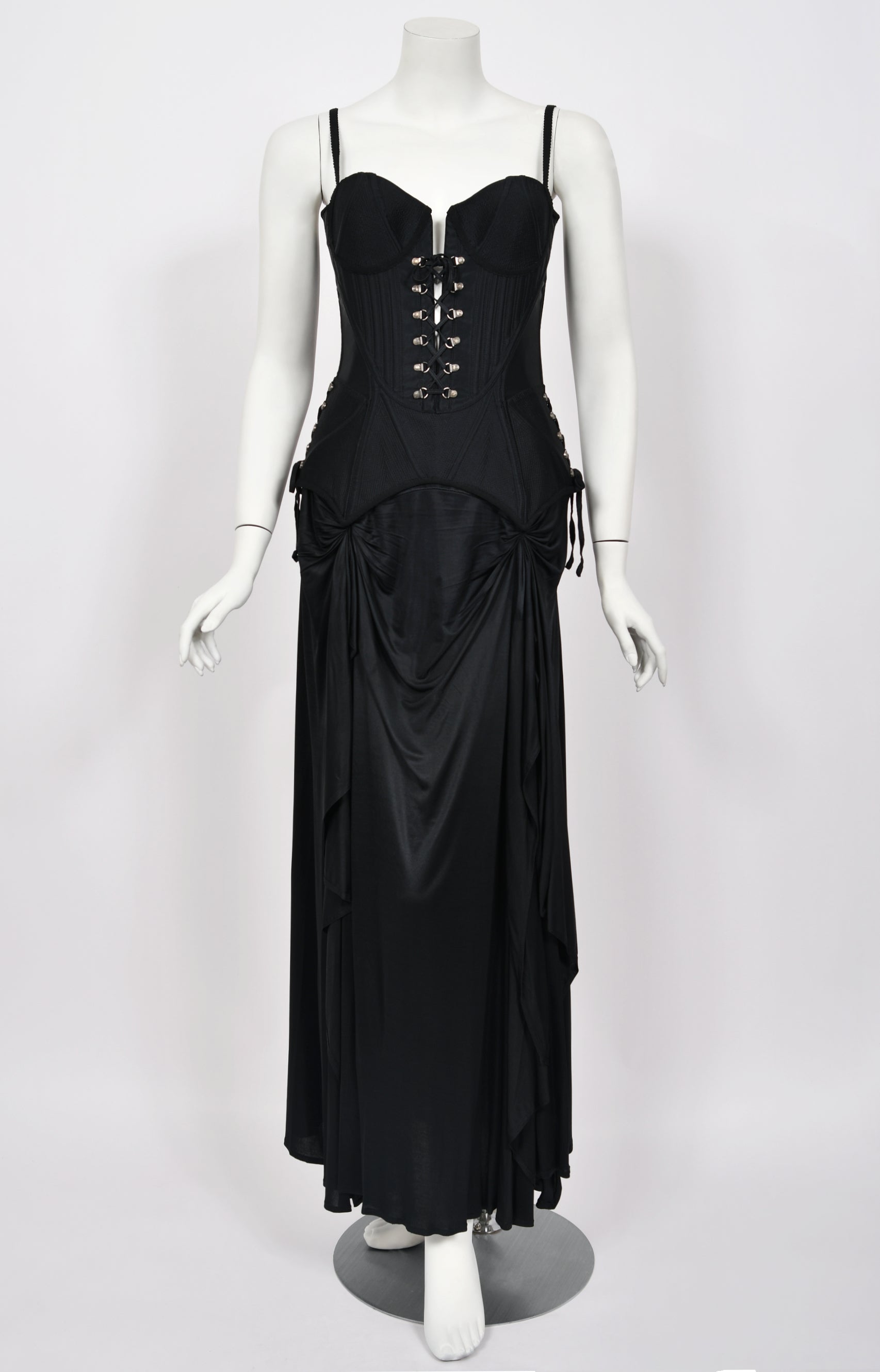 versace corset dress Vintage 1995 Gianni Versace Black Corset High-Slit Campaign Gown