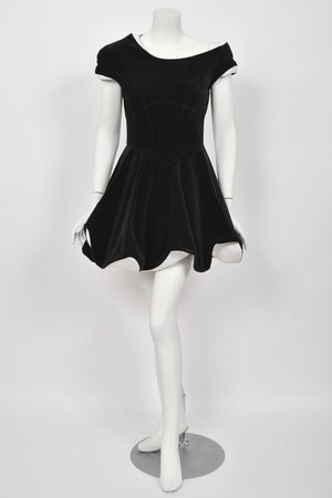 1996 Thierry Mugler Black Velvet & White Silk Sculpted Futuristic Mini Dress