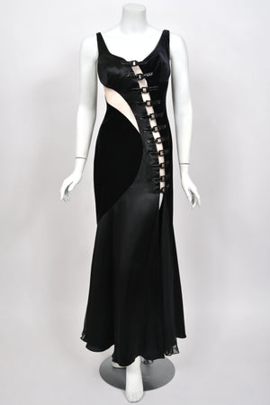 2004 Versace Runway Black Silk & Velvet Sheer-Illusion Buckle Trimmed High Slit Gown
