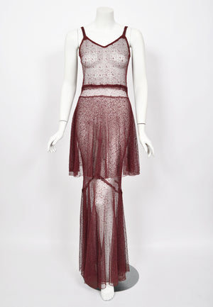 1930's French Sheer Burgundy Lace Tiered Bias-Cut Gown & Matching Capelet