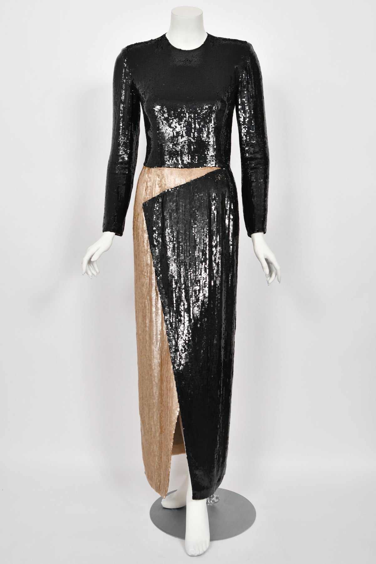 1985 Geoffrey Beene Documented Black &amp; Gold Fully-Sequin &#39;Cindy Crawford&#39; Gown