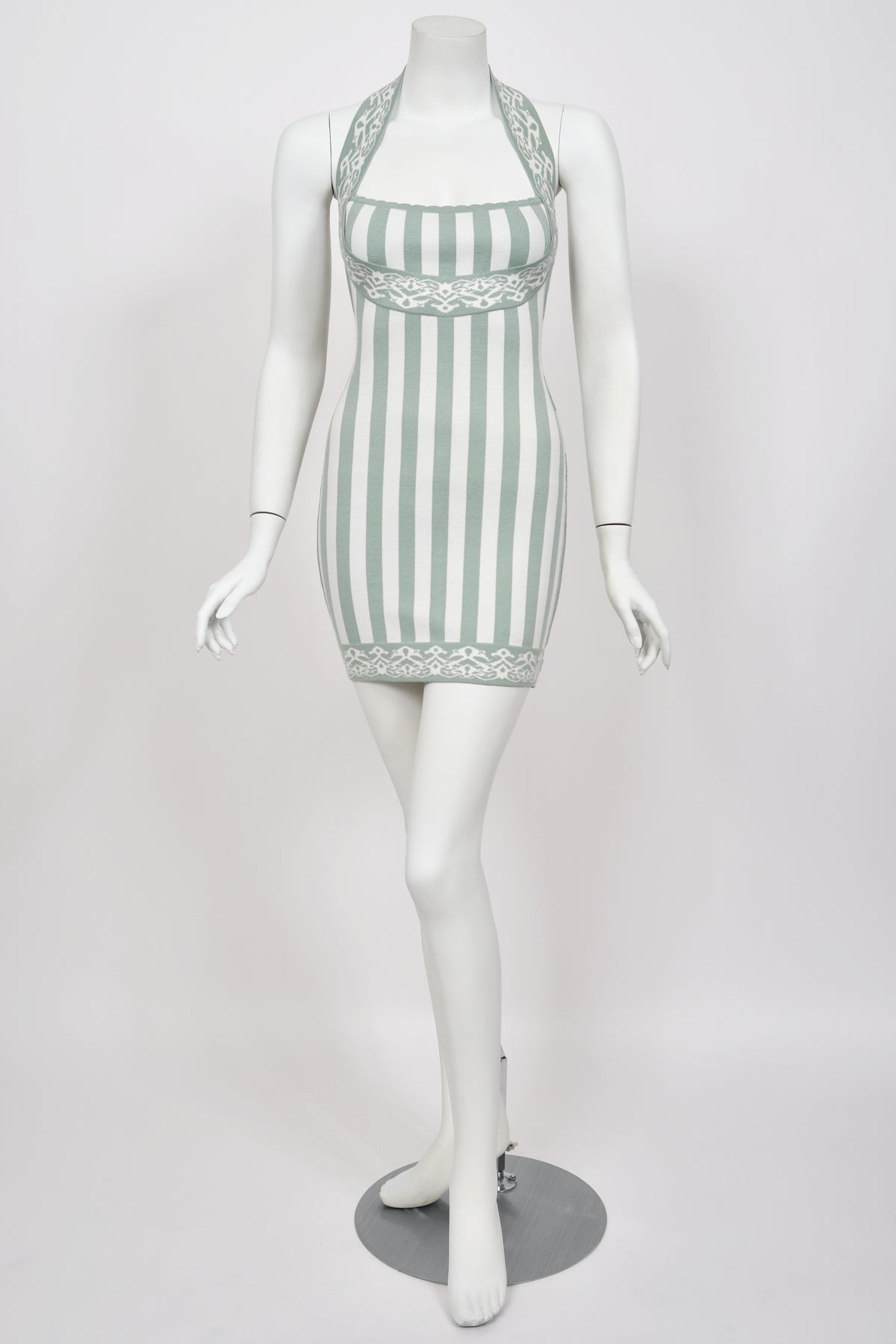 1992 Azzedine Alaia Runway Mint &amp; Ivory Striped Stretch Knit Halter Bodycon Mini Dress