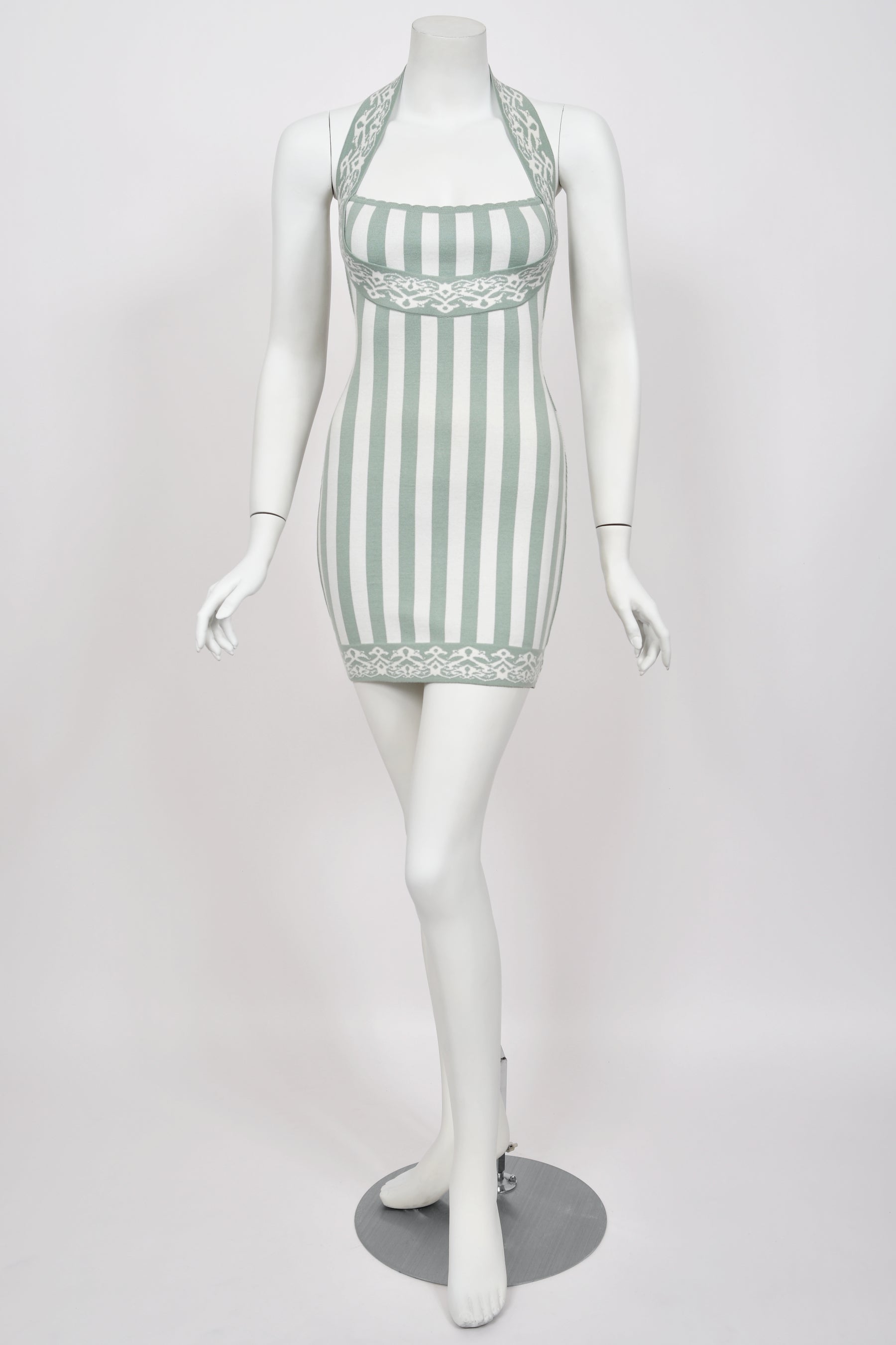 Vintage 1992 Azzedine Alaia Runway Striped Stretch Knit Halter Bodycon Mini Dress - Timeless Vixen Vintage 1992 Azzedine Alaia Runway Striped Stretch Knit Halter Bodycon Mini Dress - Timeless Vixen