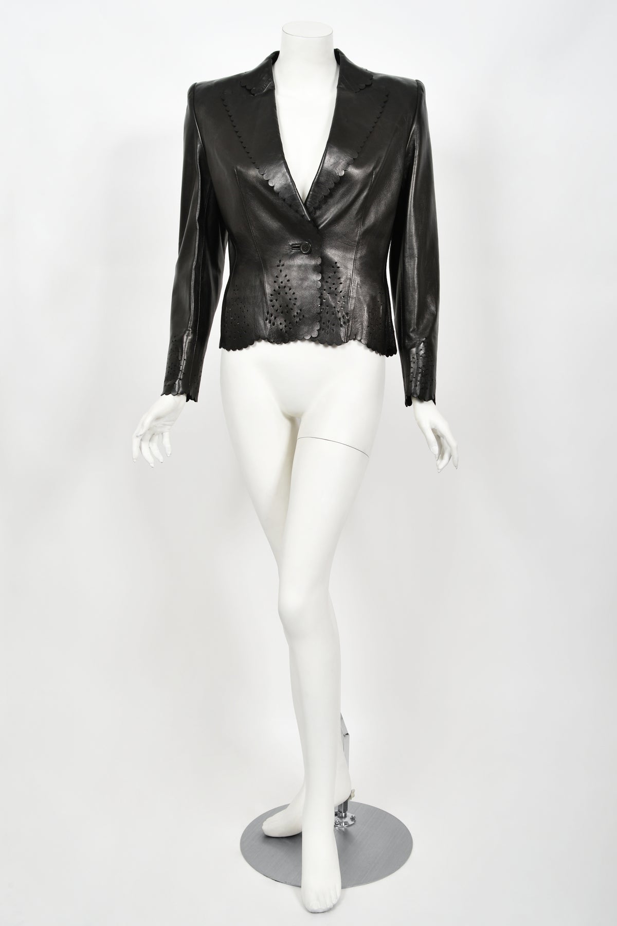 1997 Alexander Mcqueen for Givenchy Runway Black Leather Cutwork Blazer Jacket