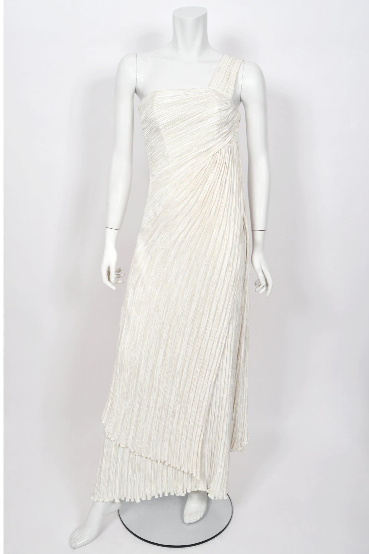 1983 Mary McFadden Ivory Heavily Pleated Asymmetric One-Shoulder Draped Goddess Gown