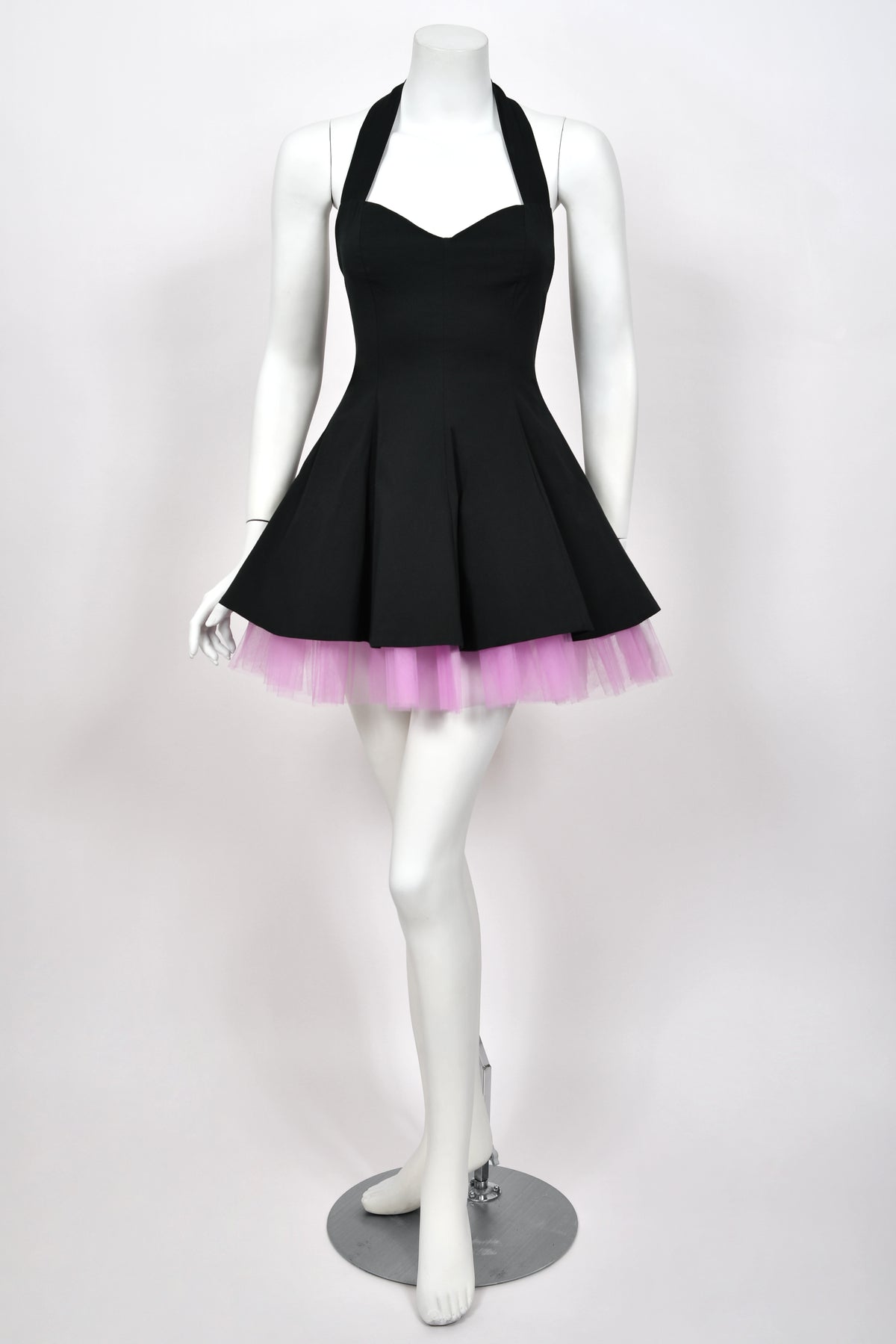 1992 Dolce & Gabbana Runway Black Stretch Cotton & Lilac Tulle Halter Mini Dress w/ Gloves