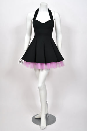 1992 Dolce & Gabbana Runway Black Stretch Cotton & Lilac Tulle Halter Mini Dress w/ Gloves