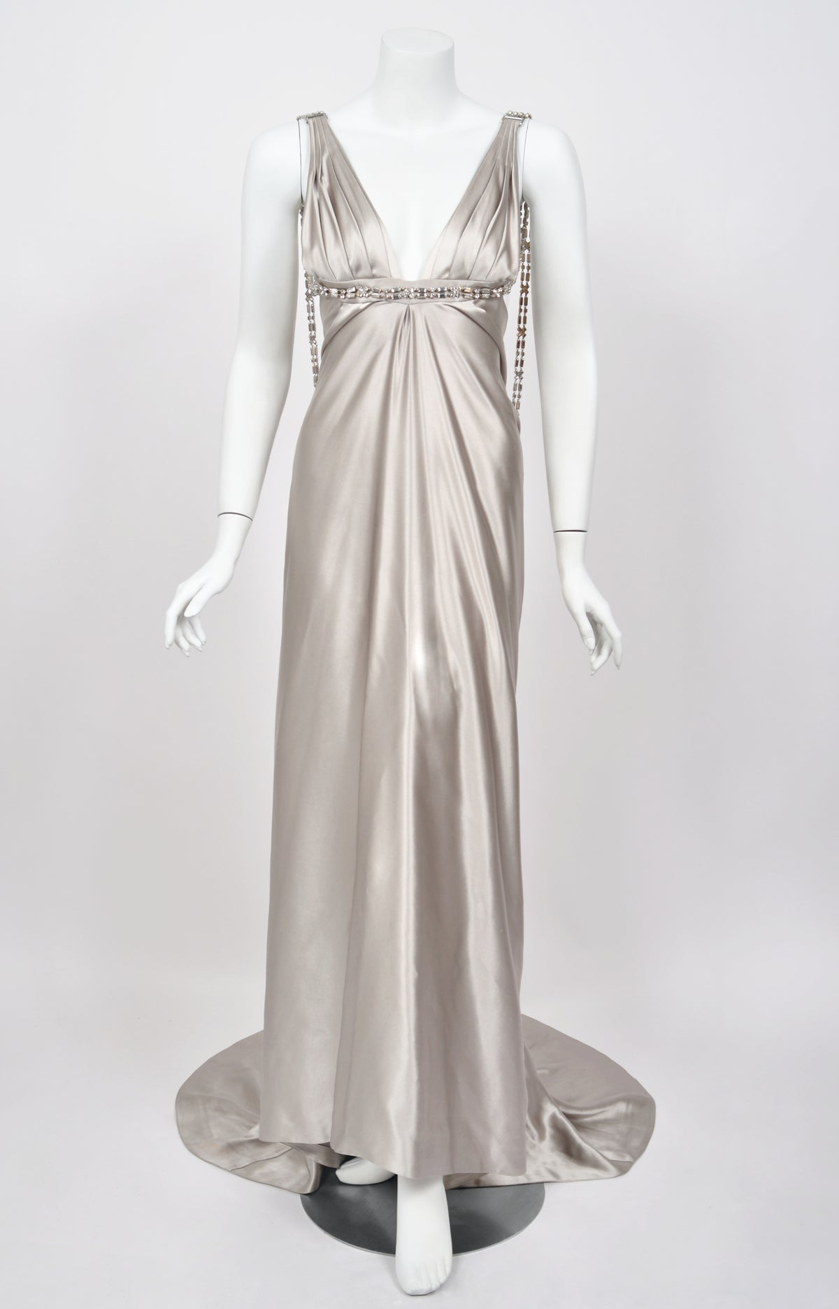 2006 Dsquared2 Platinum Silk Jeweled Backless Trained Glamour Gown