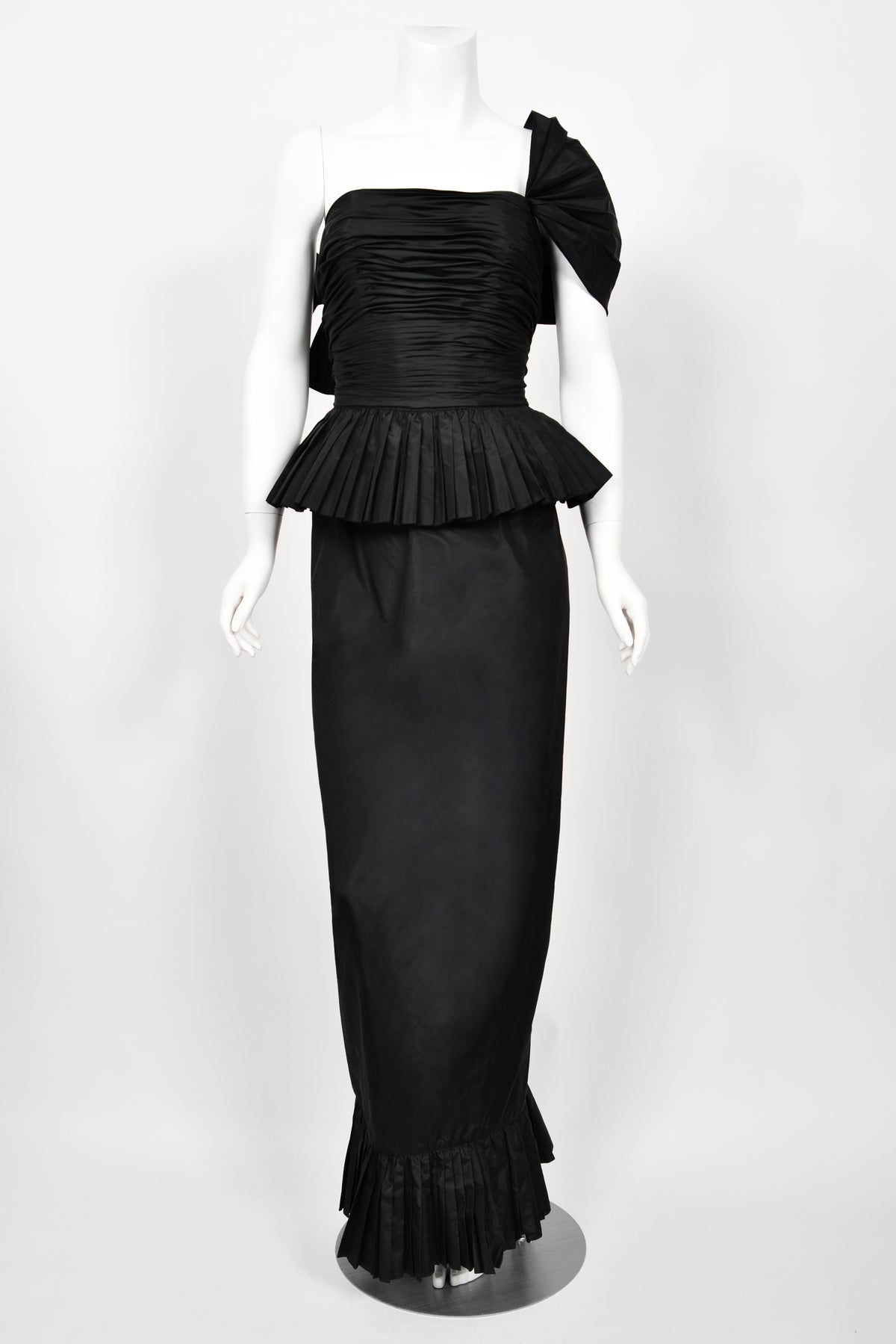 1986 Chanel Documented Runway Black Pleated Silk One-Shoulder Hourglass Gown