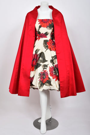 1958 Arnold Scaasi Couture Museum-Held Red Dahlias Floral Silk Strapless Dress & Swing Jacket