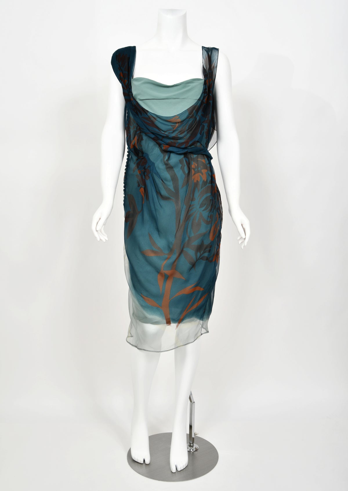 2006 Christian Dior by John Galliano Blue Watercolor Sheer Silk Draped Slip Dress