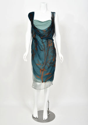 2006 Christian Dior by John Galliano Blue Watercolor Sheer Silk Draped Slip Dress