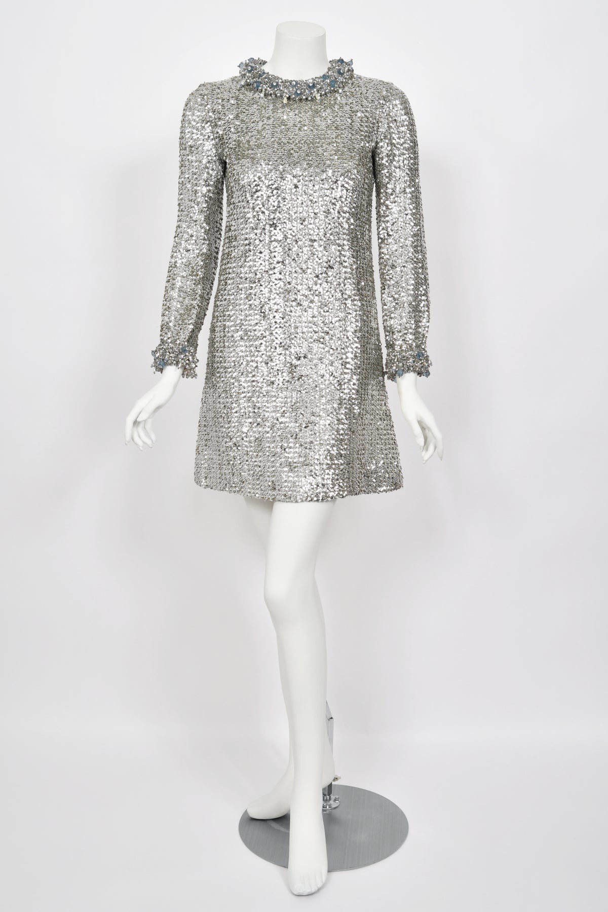1966 Pierre Cardin Paris Metallic Silver Beaded Sequin Space-Age Mod Mini Dress