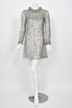 1966 Pierre Cardin Paris Metallic Silver Beaded Sequin Space-Age Mod Mini Dress