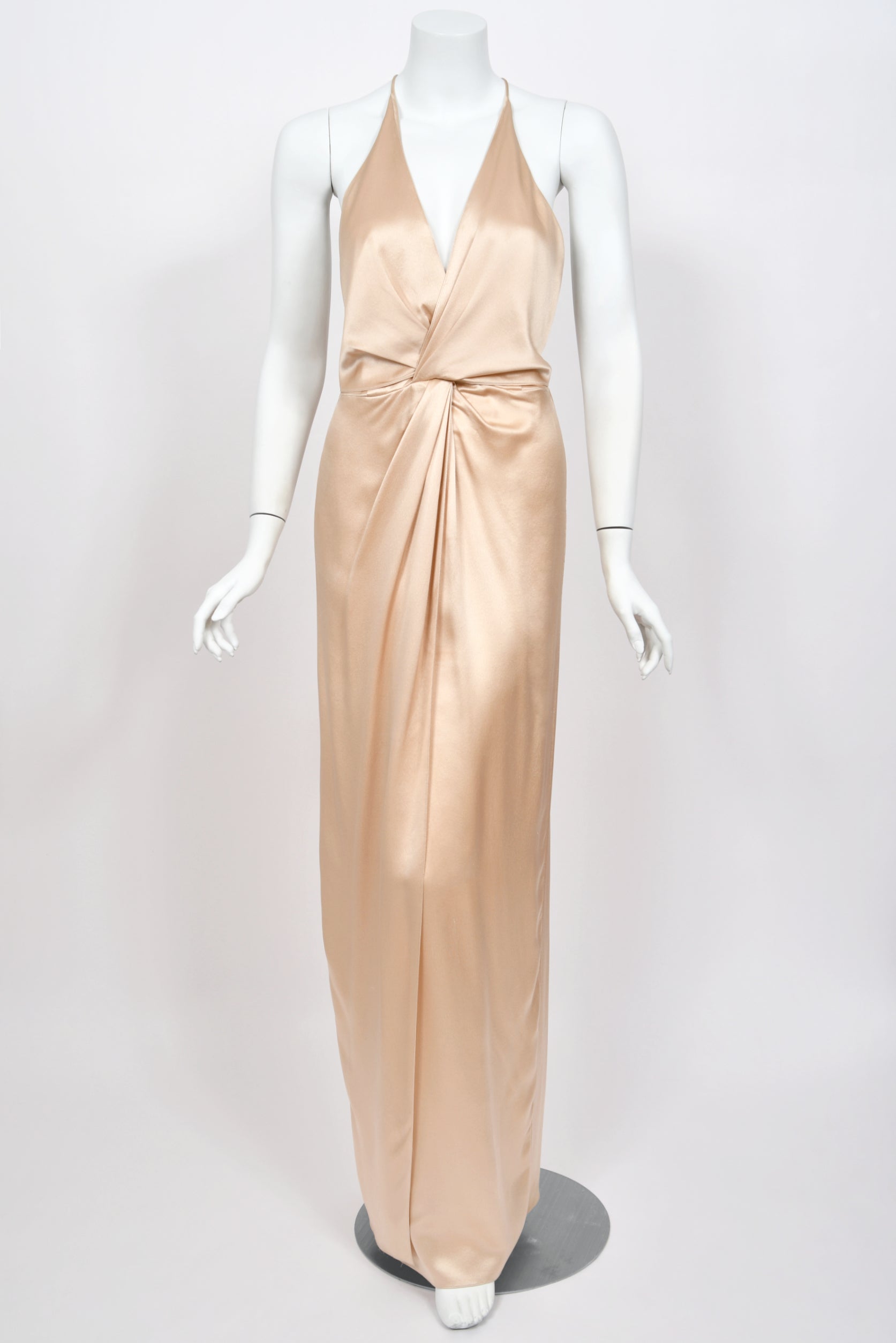 2011 Gucci Champagne Silk Low-Plunge High Slit Maxi Slip Dress