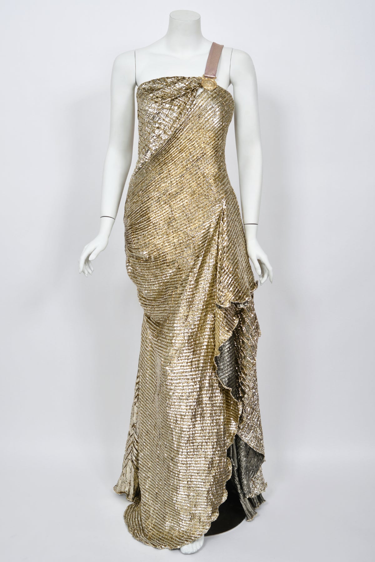 1994 Gianni Versace Couture Runway Metallic Gold Pleated Lamè High-Slit Gown