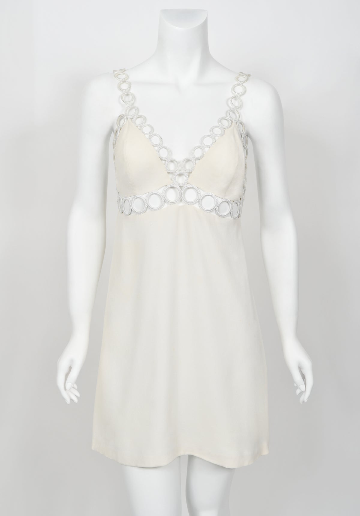 1968 Loris Azzaro Couture Documented Elle Magazine Ivory Silk Cut-Out Mini Dress