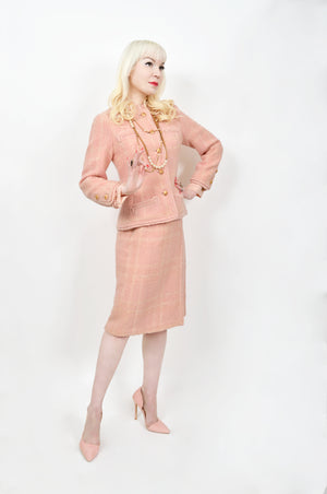 1973 Chanel Haute Couture Documented Pink Wool Jacket Blouse Skirt Three-Piece Suit