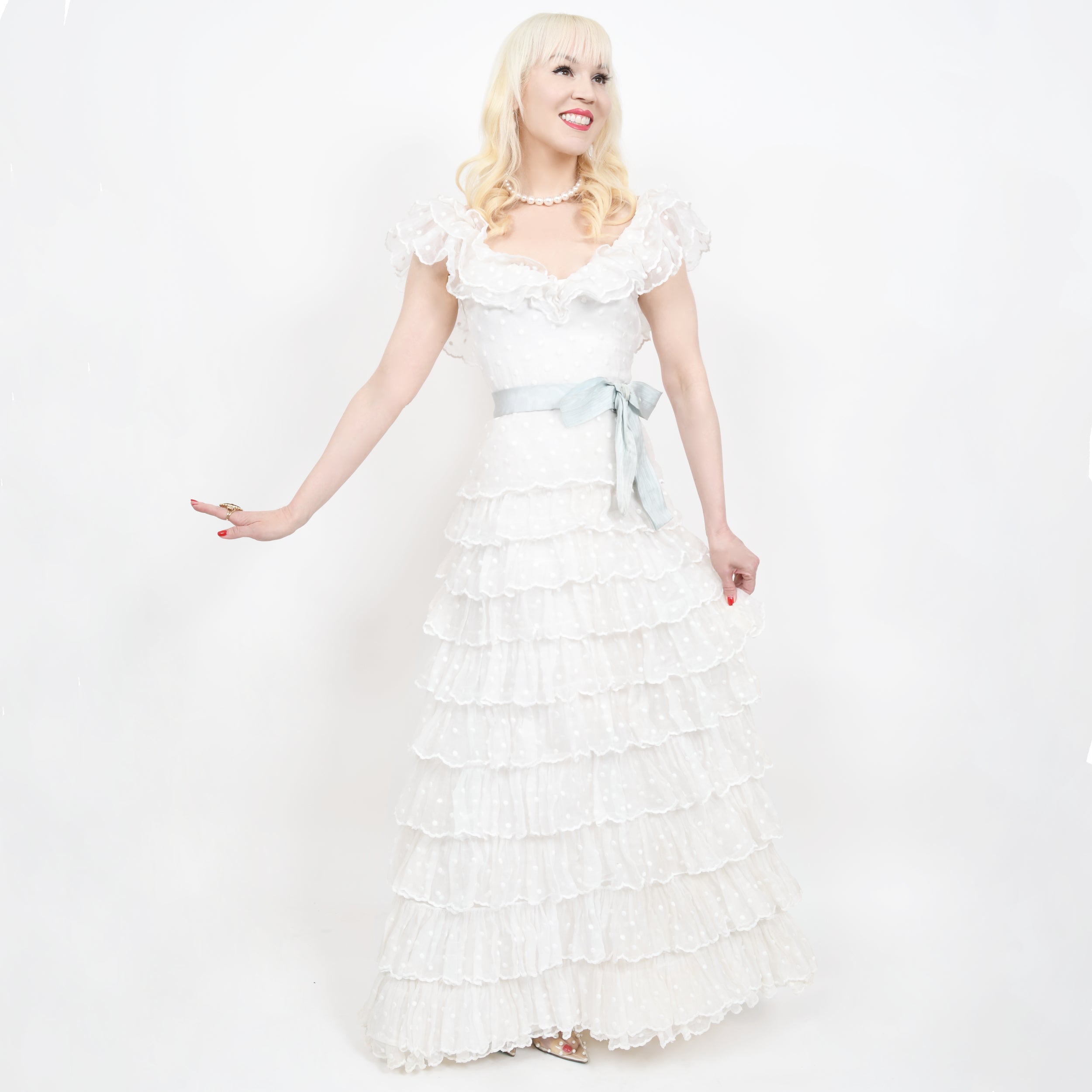 vintage chanel dresses Vintage 1975 Chanel Haute Couture White Eyelet Organza Off-Shoulder Tiered Ruffle Gown
