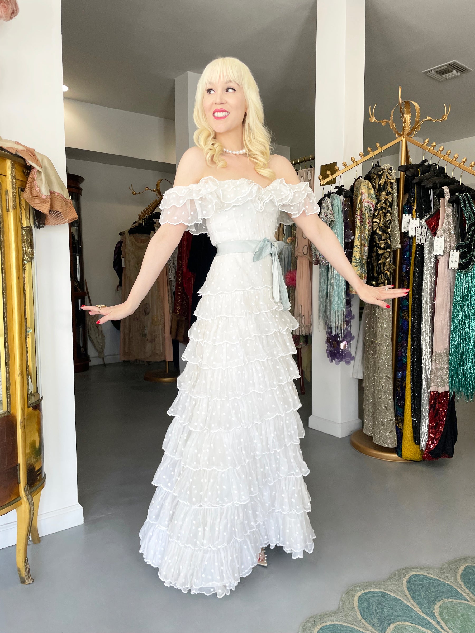 Vintage 1975 Chanel Haute Couture White Eyelet Organza Off-Shoulder Tiered Ruffle Gown - Timeless Vixen Vintage 1975 Chanel Haute Couture White Eyelet Organza Off-Shoulder Tiered Ruffle Gown - Timeless Vixen