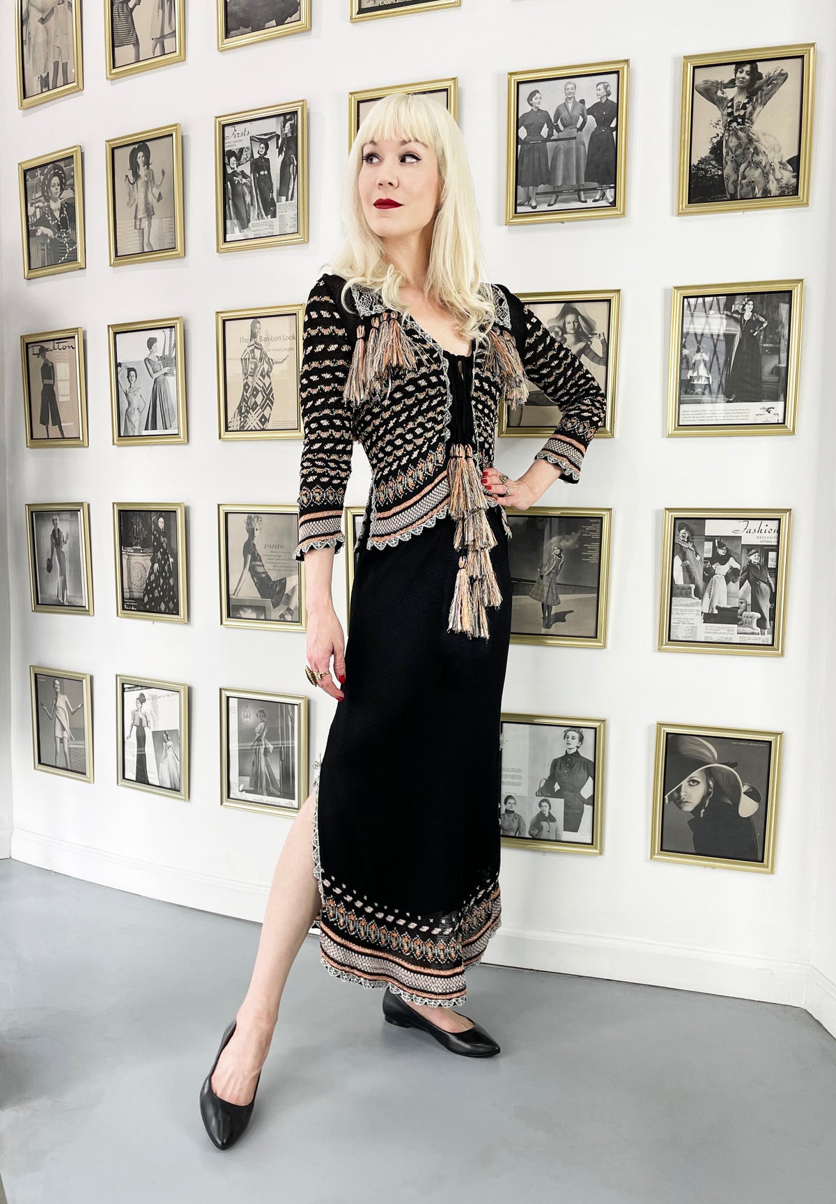 1970's Bill Gibb Metallic Knit Insect Novelty Tassel Sweater Dress Set