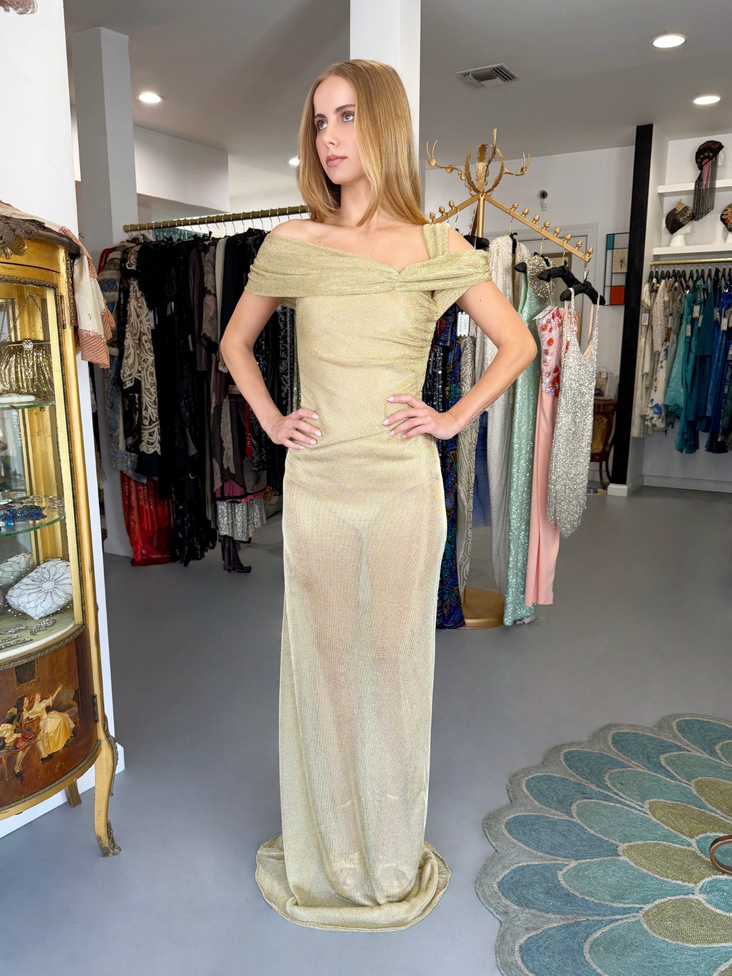 gold sheer dress 1999 Christian Dior by Galliano Metallic Gold Sheer Knit Maxi Gown