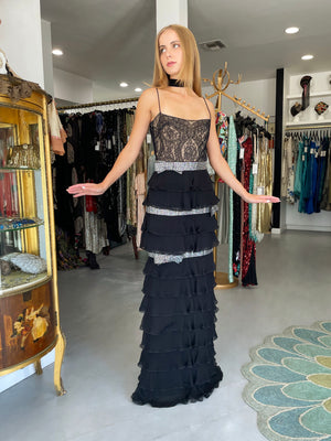 2007 Valentino Runway Black Sheer Silk & Lace Illusion Crystal-Bows Tiered Gown