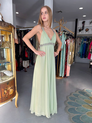 1965 Sarmi Couture Seafoam Green Jeweled Silk Chiffon Empire Plunge Grecian Gown