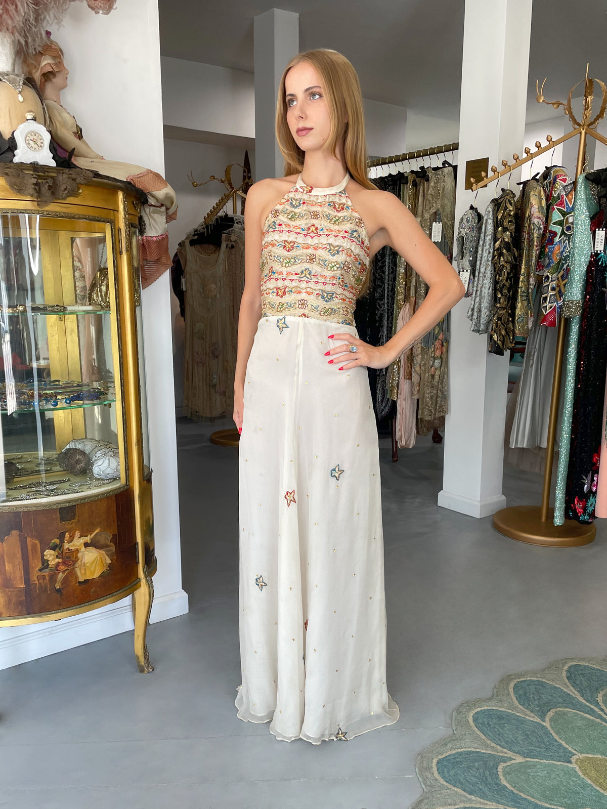 1979 Thea Porter Couture Metallic Gold Embroidered Ivory Silk-Chiffon Halter Gown