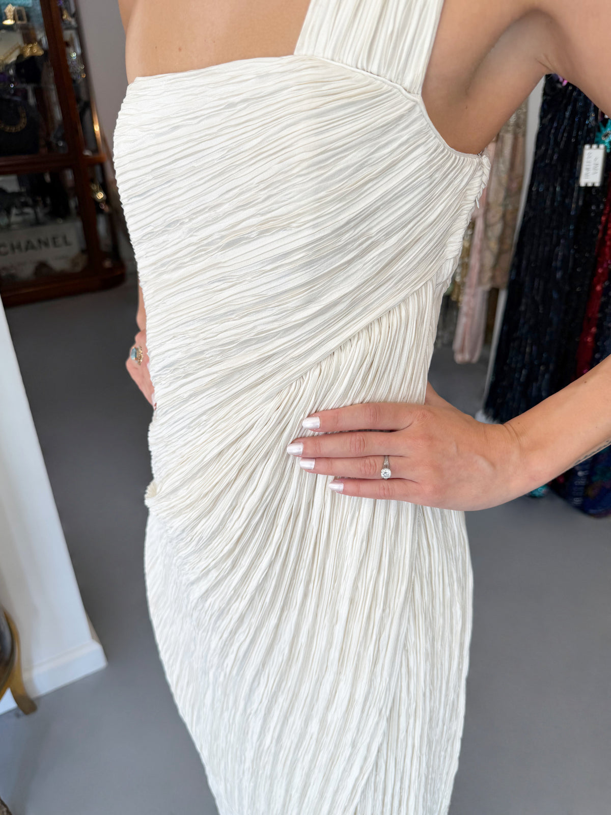 1983 Mary McFadden Ivory Heavily Pleated Asymmetric One-Shoulder Draped Goddess Gown