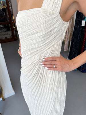 1983 Mary McFadden Ivory Heavily Pleated Asymmetric One-Shoulder Draped Goddess Gown