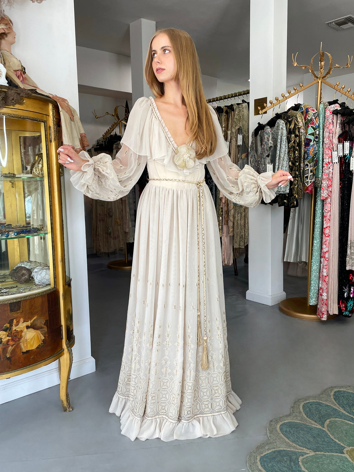 1971 Guy Laroche Haute Couture Embroidered Ivory Silk Billow Sleeve Plunge Gown