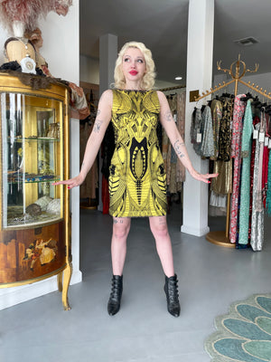 2010 Alexander McQueen Lifetime Insect Tattoo Embroidered Net-Lace Yellow Mini Dress