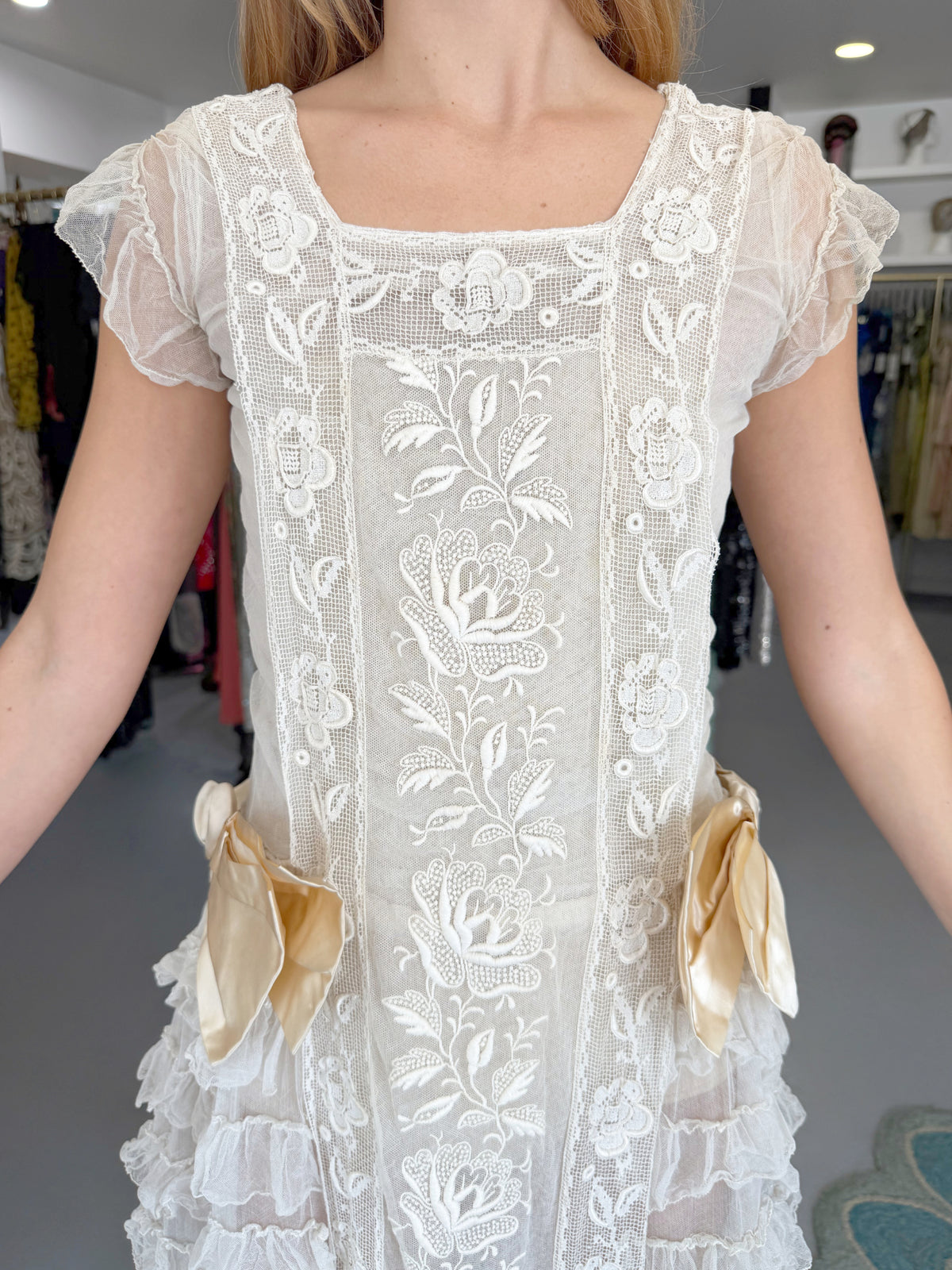 1920's Sheer Ivory Embroidered Floral Motif Net-Tulle Tiered Ruffle 'Robe de Style' Dress