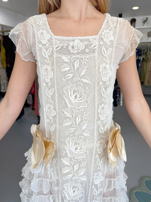 1920's Sheer Ivory Embroidered Floral Motif Net-Tulle Tiered Ruffle 'Robe de Style' Dress