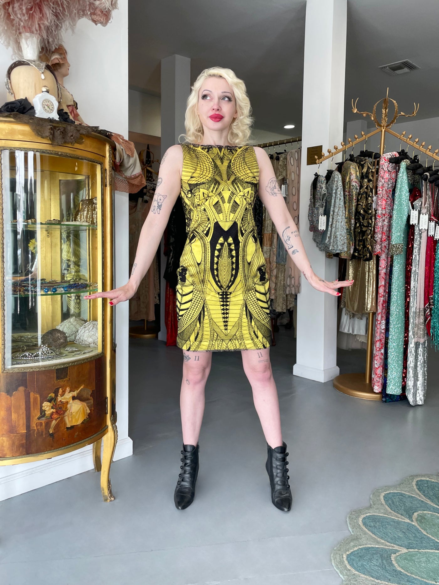 Vintage 2010 Alexander McQueen Lifetime Insect Tattoo Embroidered Net-Lace Yellow Mini Dress - Timeless Vixen Vintage 2010 Alexander McQueen Lifetime Insect Tattoo Embroidered Net-Lace Yellow Mini Dress - Timeless Vixen