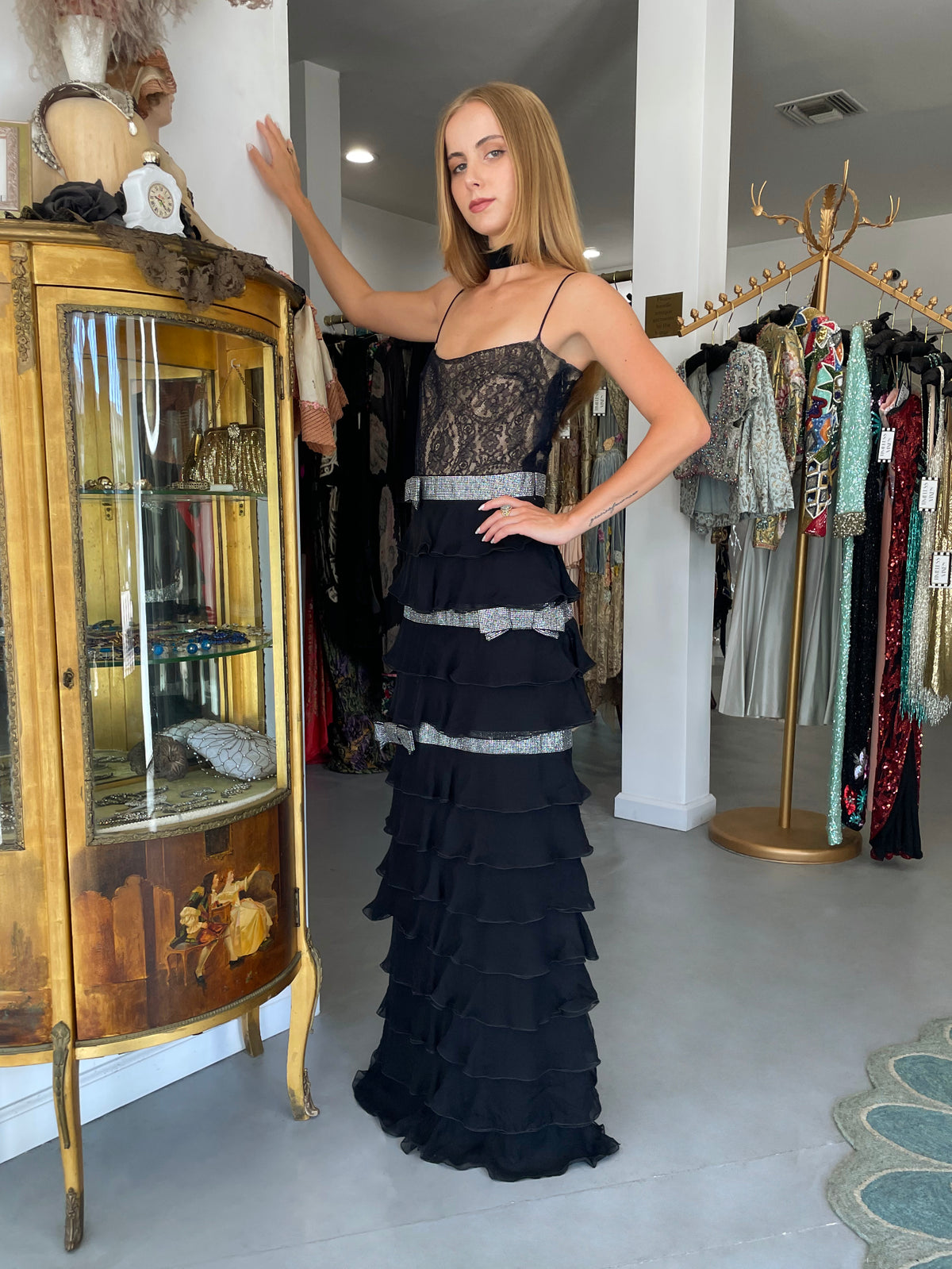 2007 Valentino Runway Black Sheer Silk &amp; Lace Illusion Crystal-Bows Tiered Gown