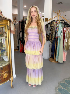 1950 Carven Haute Couture for Cécile Aubry Lilac Yellow Ombré Silk Corset Strapless Hooded Gown