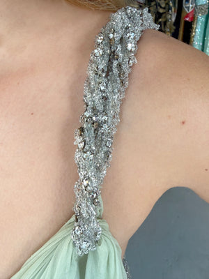 1965 Sarmi Couture Seafoam Green Jeweled Silk Chiffon Empire Plunge Grecian Gown