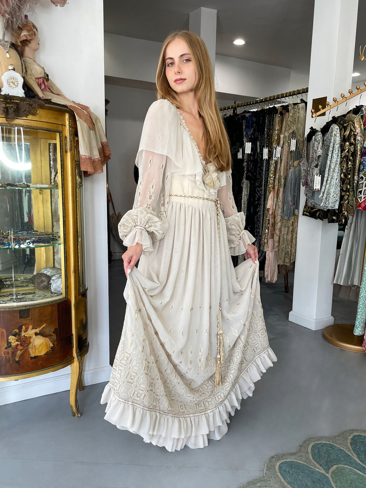 1971 Guy Laroche Haute Couture Embroidered Ivory Silk Billow Sleeve Plunge Gown