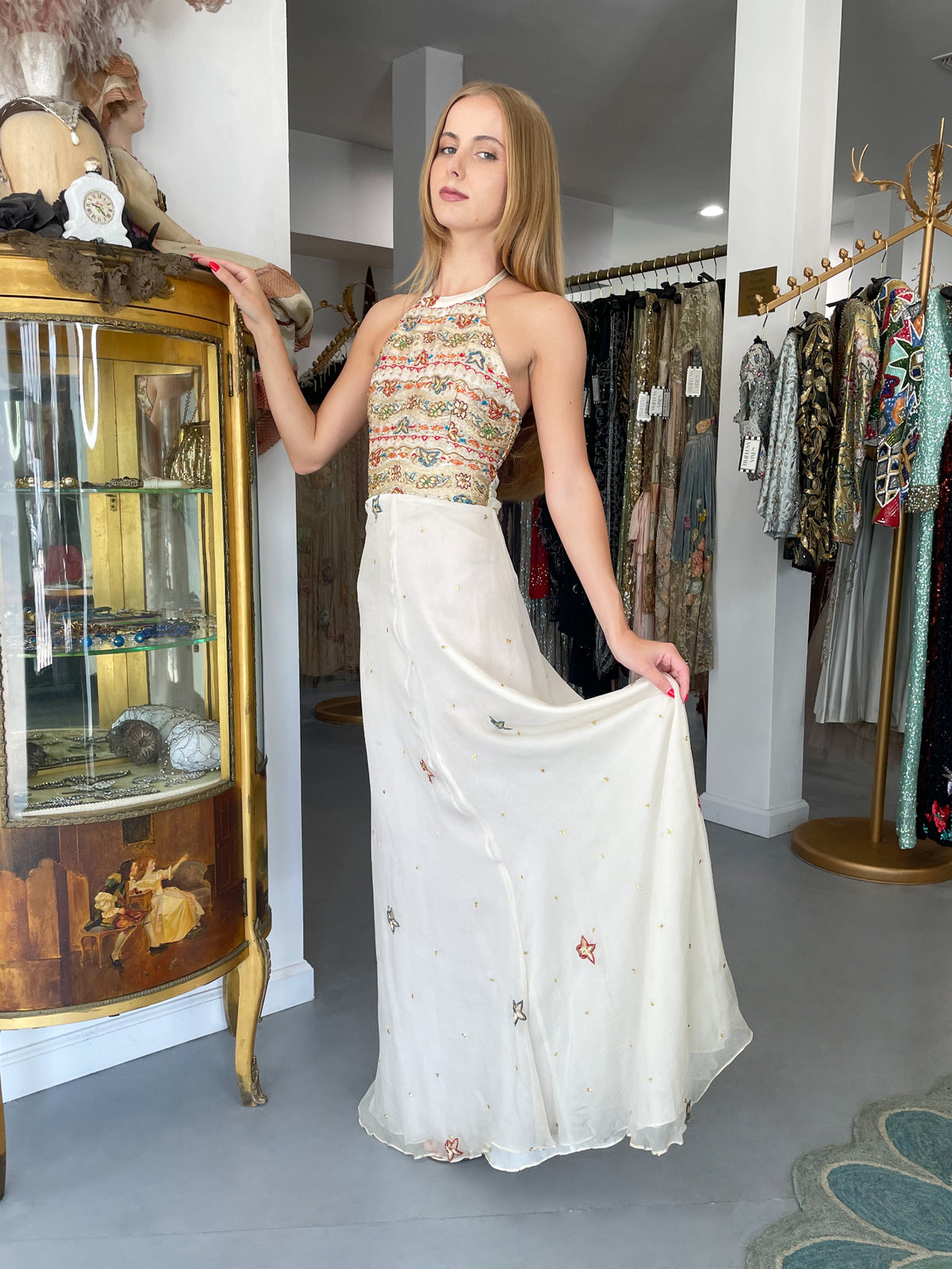 1979 Thea Porter Couture Metallic Gold Embroidered Ivory Silk-Chiffon Halter Gown
