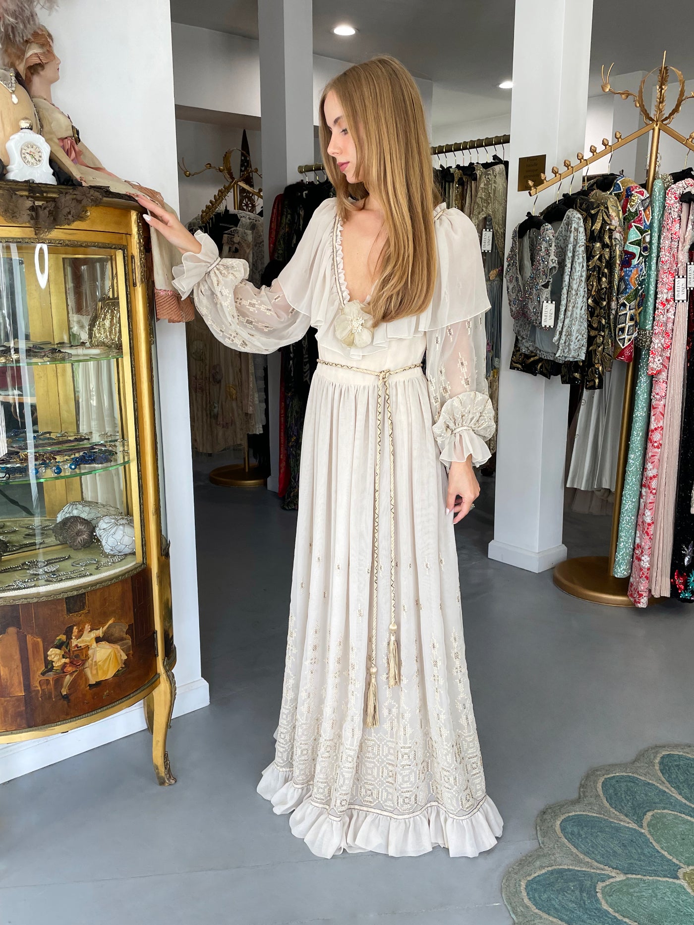 Vintage 1970 Guy Laroche Haute Couture Embroidered Beige Silk Billow Sleeve Plunge Gown - Timeless Vixen Vintage 1970 Guy Laroche Haute Couture Embroidered Beige Silk Billow Sleeve Plunge Gown - Timeless Vixen