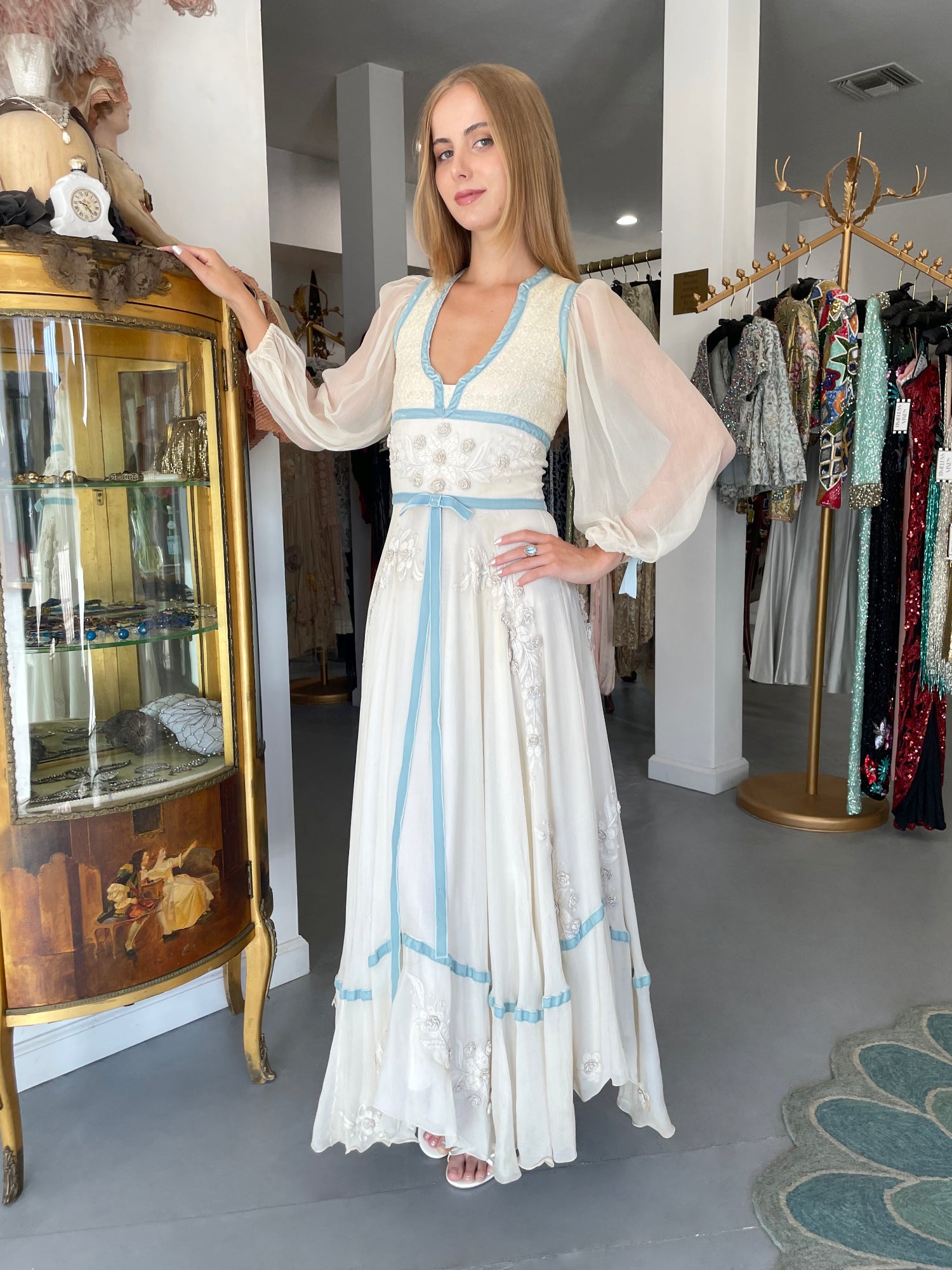 1975 Thea Porter Couture Ivory Silk Embroidered Floral 'Gypsy' Dress