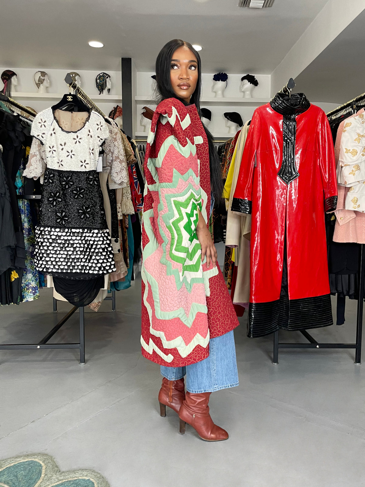 1980&#39;s Michaele Vollbracht Couture Iconic Metallic Embroidered Graphic Silk Cape