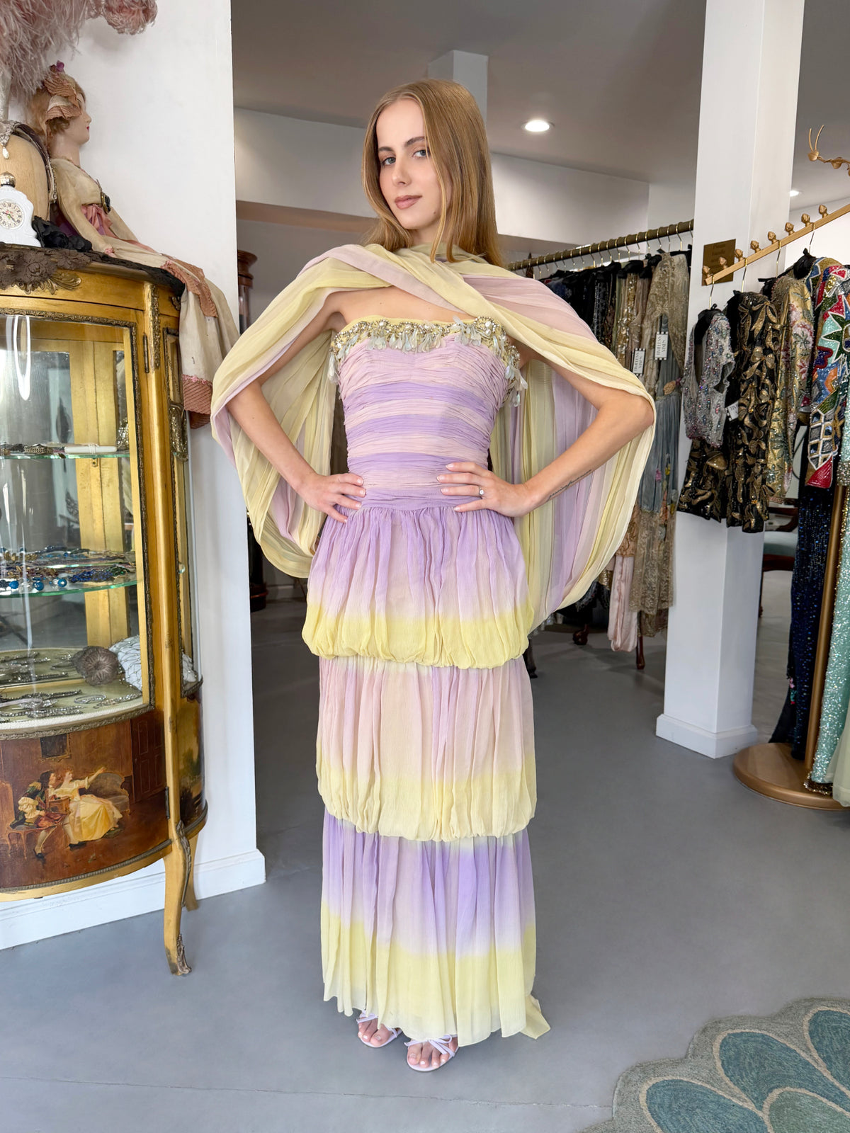 1950 Carven Haute Couture for Cécile Aubry Lilac Yellow Ombré Silk Corset Strapless Hooded Gown