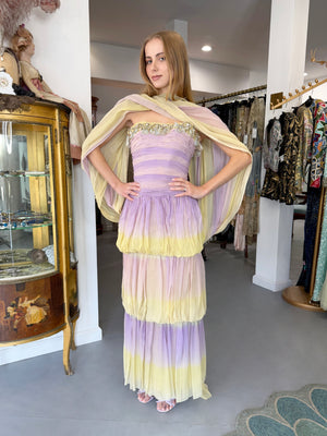 1950 Carven Haute Couture for Cécile Aubry Lilac Yellow Ombré Silk Corset Strapless Hooded Gown