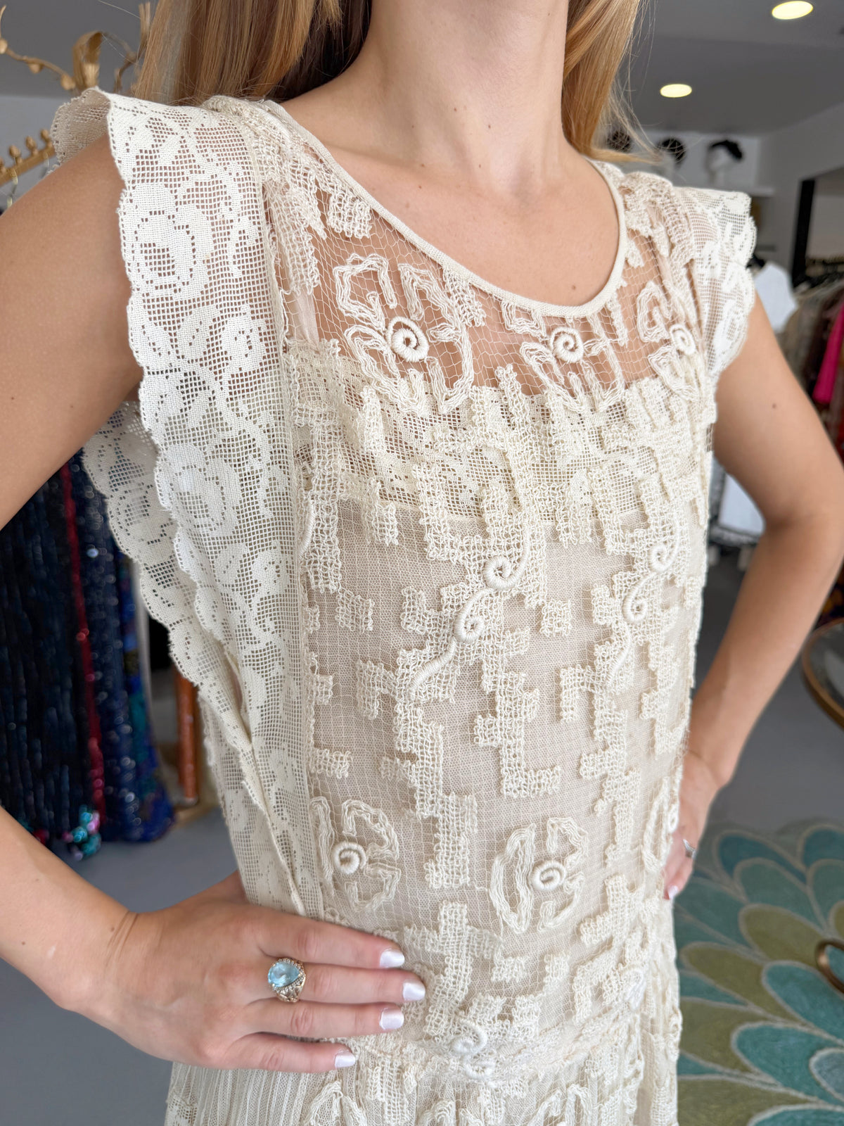 1920's French Cream Heavily Embroidered Deco Motif Filet Lace & Sheer Net Tea-Length Dress