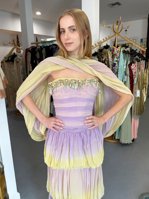 1950 Carven Haute Couture for Cécile Aubry Lilac Yellow Ombré Silk Corset Strapless Hooded Gown