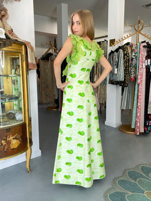1974 Courreges Documented Green Print Cotton & Ruffle Organza Gown