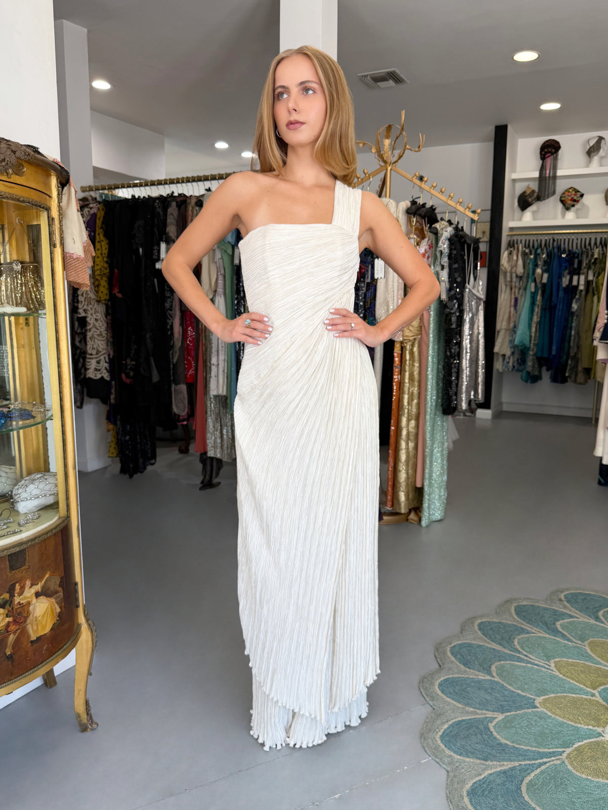 1983 Mary McFadden Ivory Heavily Pleated Asymmetric One-Shoulder Draped Goddess Gown
